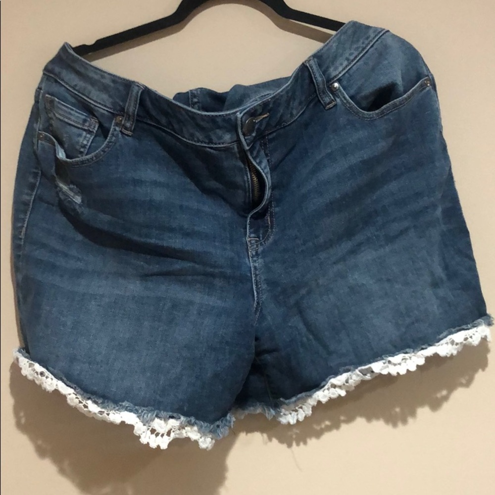 Lane Bryant MidWash Distressed Crochet Jean Shorts
